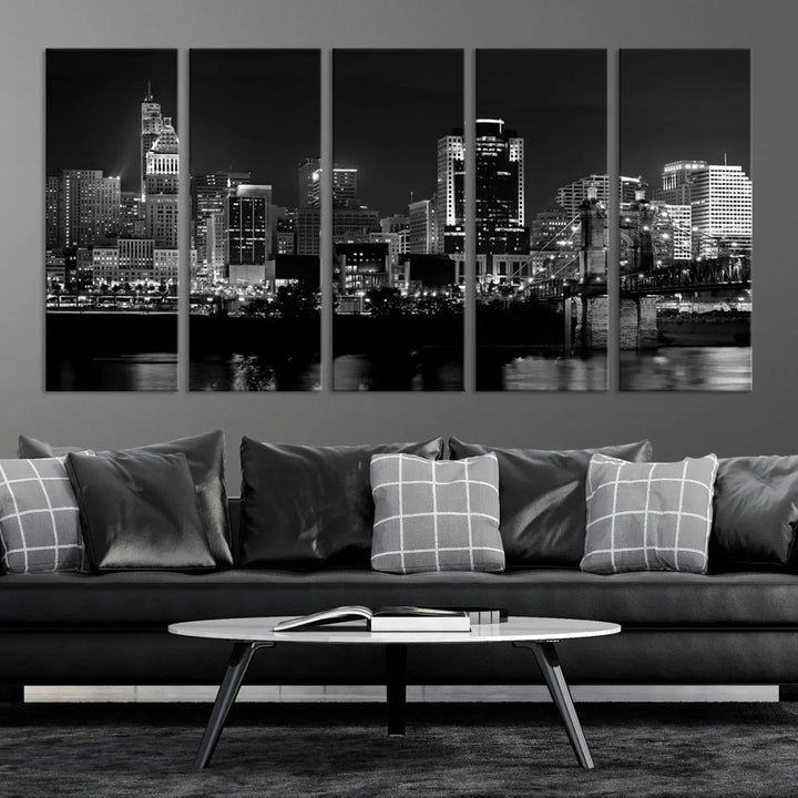 The "Cincinnati City Lights Skyline Black and White Wall Art Cityscape Canvas Print," gallery wrapped on a museum-quality canvas, is displayed prominently.