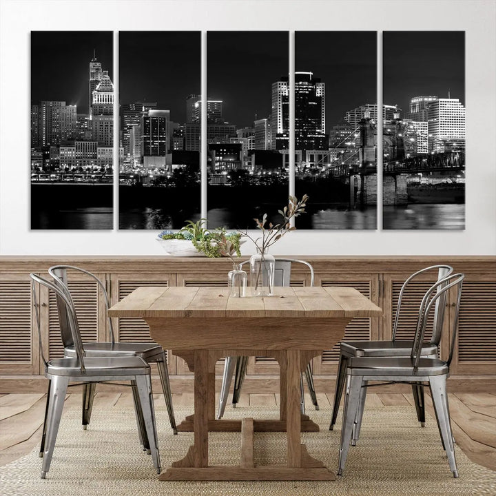 The "Cincinnati City Lights Skyline Black and White Wall Art Cityscape Canvas Print," gallery wrapped on a museum-quality canvas, is displayed prominently.