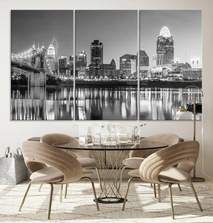 The "Cincinnati City Lights Skyline Black and White Wall Art Cityscape Canvas Print" is elegantly displayed in a stylish living room.