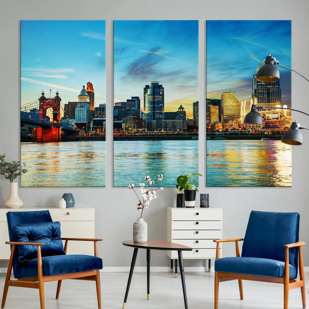 A triptych titled "Cincinnati City Lights Sunset Bright Blue Skyline Cityscape View Wall Art Canvas Print" is showcased, each canvas expertly crafted with museum-quality precision on a stretched wood frame.