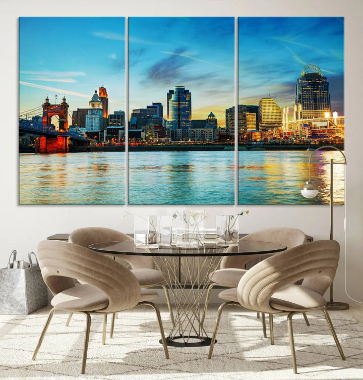 A triptych titled "Cincinnati City Lights Sunset Bright Blue Skyline Cityscape View Wall Art Canvas Print" is showcased, each canvas expertly crafted with museum-quality precision on a stretched wood frame.