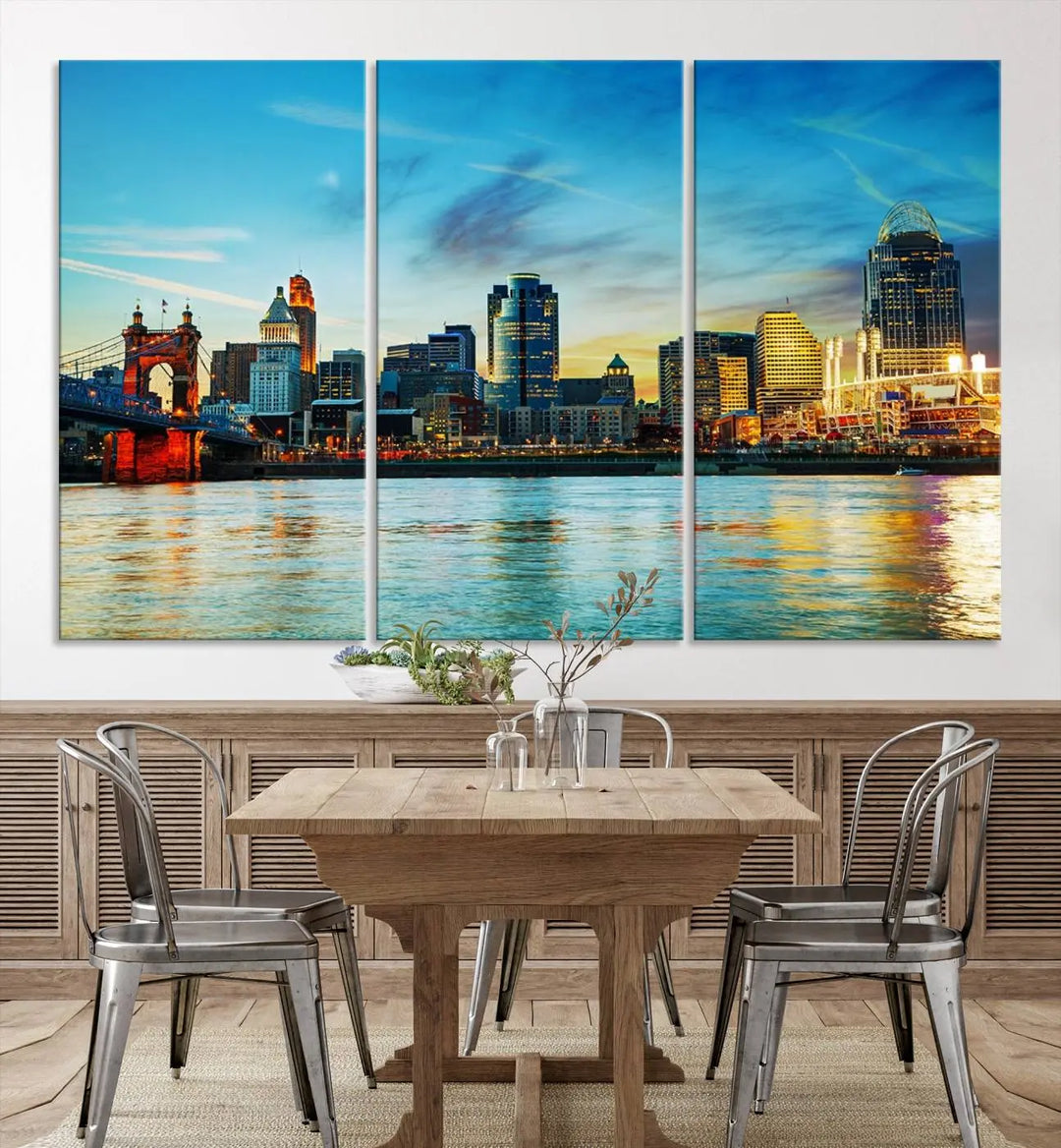 A triptych titled "Cincinnati City Lights Sunset Bright Blue Skyline Cityscape View Wall Art Canvas Print" is showcased, each canvas expertly crafted with museum-quality precision on a stretched wood frame.