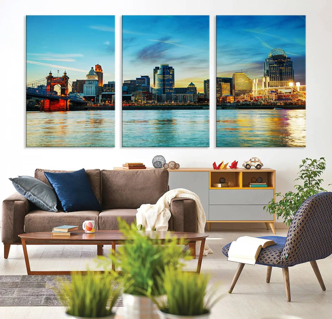 A triptych titled "Cincinnati City Lights Sunset Bright Blue Skyline Cityscape View Wall Art Canvas Print" is showcased, each canvas expertly crafted with museum-quality precision on a stretched wood frame.