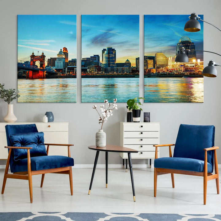 A triptych titled "Cincinnati City Lights Sunset Bright Blue Skyline Cityscape View Wall Art Canvas Print" is showcased, each canvas expertly crafted with museum-quality precision on a stretched wood frame.