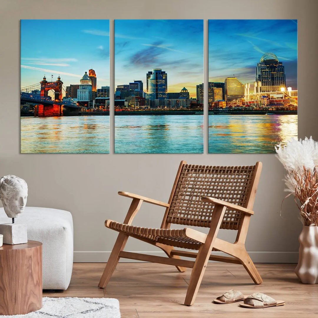 A triptych titled "Cincinnati City Lights Sunset Bright Blue Skyline Cityscape View Wall Art Canvas Print" is showcased, each canvas expertly crafted with museum-quality precision on a stretched wood frame.