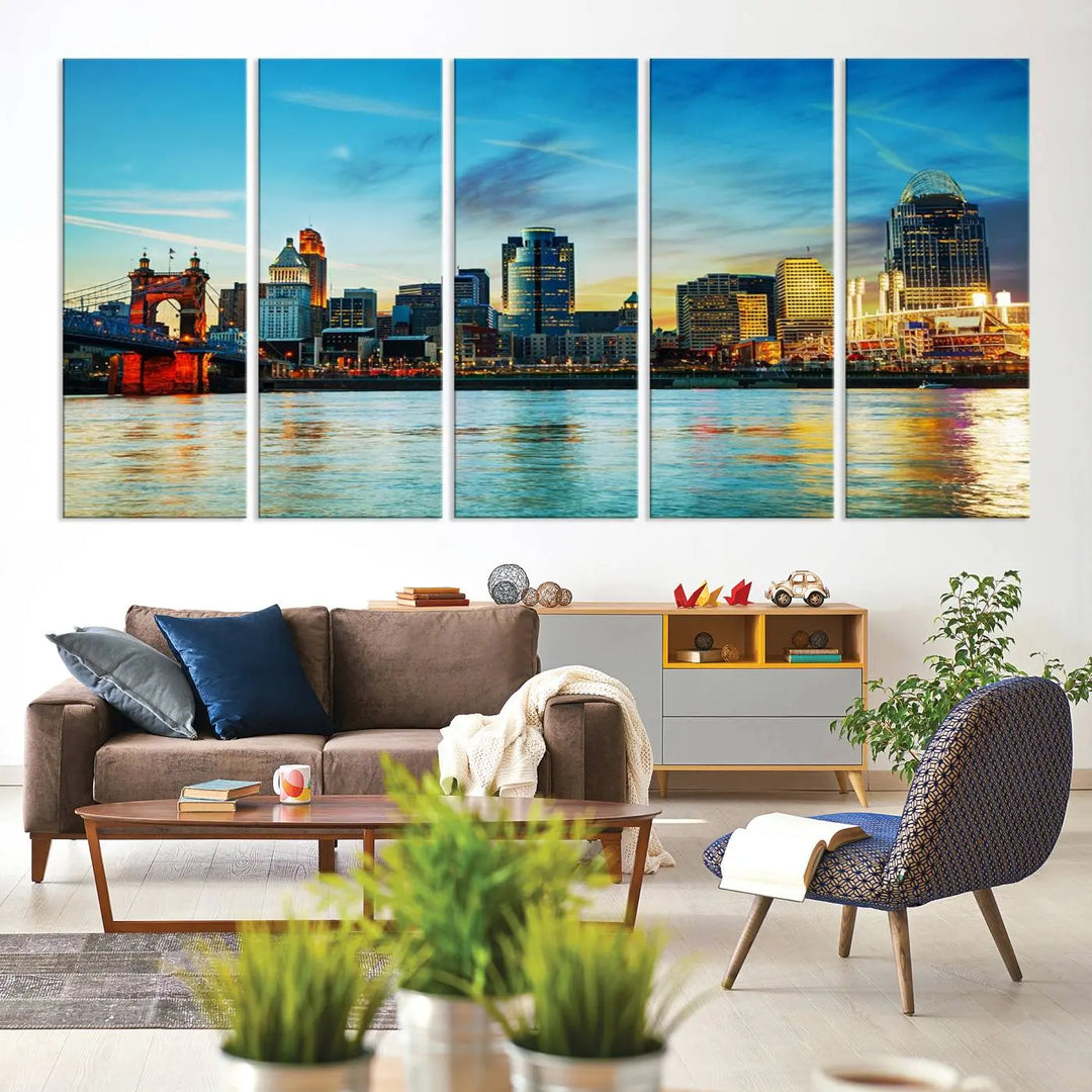 A triptych titled "Cincinnati City Lights Sunset Bright Blue Skyline Cityscape View Wall Art Canvas Print" is showcased, each canvas expertly crafted with museum-quality precision on a stretched wood frame.