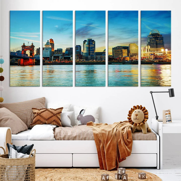 A triptych titled "Cincinnati City Lights Sunset Bright Blue Skyline Cityscape View Wall Art Canvas Print" is showcased, each canvas expertly crafted with museum-quality precision on a stretched wood frame.