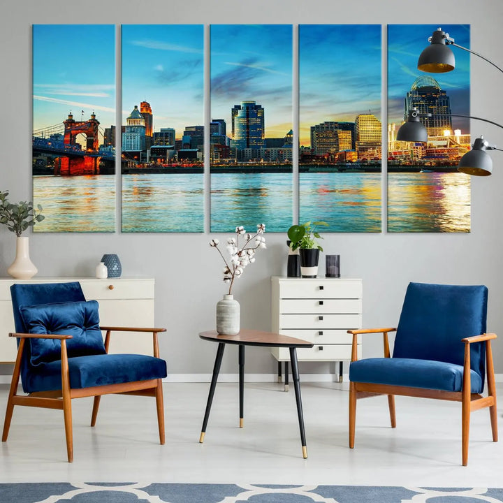 A triptych titled "Cincinnati City Lights Sunset Bright Blue Skyline Cityscape View Wall Art Canvas Print" is showcased, each canvas expertly crafted with museum-quality precision on a stretched wood frame.