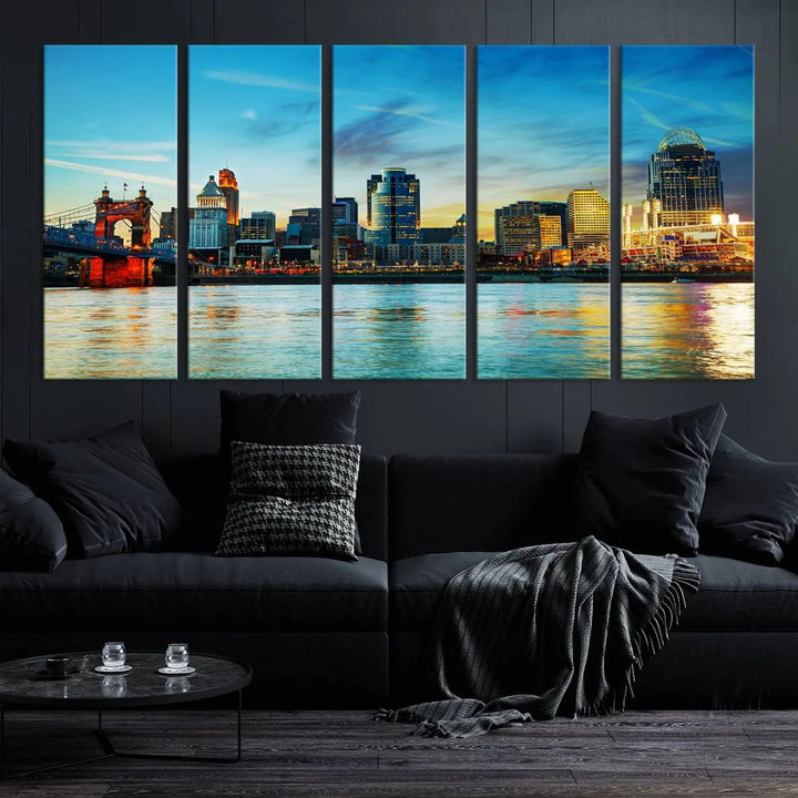 A triptych titled "Cincinnati City Lights Sunset Bright Blue Skyline Cityscape View Wall Art Canvas Print" is showcased, each canvas expertly crafted with museum-quality precision on a stretched wood frame.