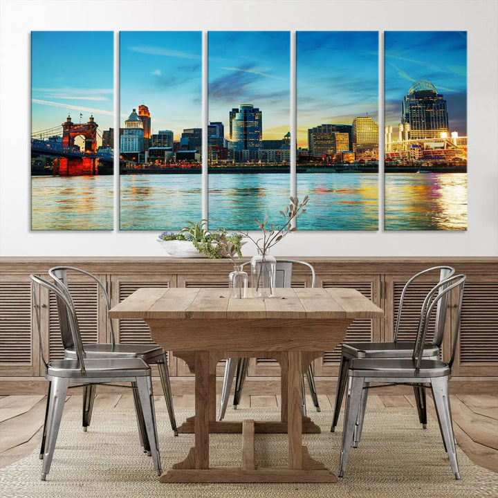 A triptych titled "Cincinnati City Lights Sunset Bright Blue Skyline Cityscape View Wall Art Canvas Print" is showcased, each canvas expertly crafted with museum-quality precision on a stretched wood frame.