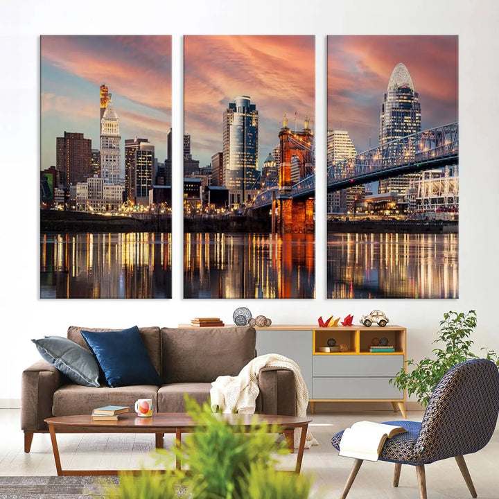 Experience the captivating Cincinnati City Lights Sunset Colorful Cloudy Skyline Cityscape View Wall Art Canvas Print. This gallery-wrapped, museum-quality canvas promises an elegant look and enduring beauty.