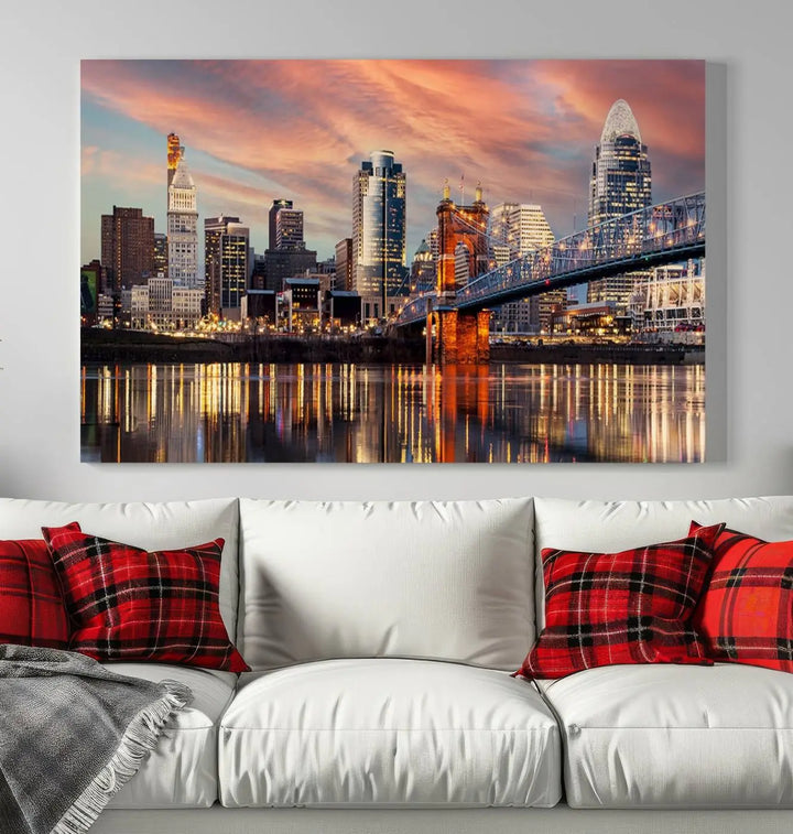 Experience the captivating Cincinnati City Lights Sunset Colorful Cloudy Skyline Cityscape View Wall Art Canvas Print. This gallery-wrapped, museum-quality canvas promises an elegant look and enduring beauty.