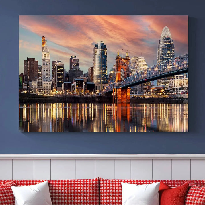 Experience the captivating Cincinnati City Lights Sunset Colorful Cloudy Skyline Cityscape View Wall Art Canvas Print. This gallery-wrapped, museum-quality canvas promises an elegant look and enduring beauty.