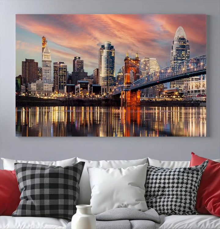 Experience the captivating Cincinnati City Lights Sunset Colorful Cloudy Skyline Cityscape View Wall Art Canvas Print. This gallery-wrapped, museum-quality canvas promises an elegant look and enduring beauty.