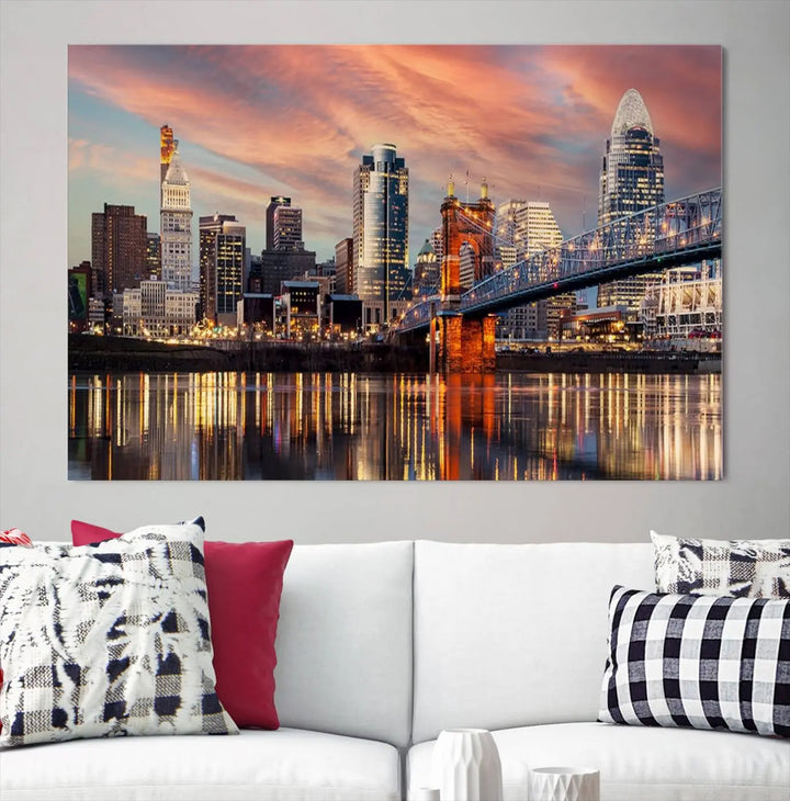 Experience the captivating Cincinnati City Lights Sunset Colorful Cloudy Skyline Cityscape View Wall Art Canvas Print. This gallery-wrapped, museum-quality canvas promises an elegant look and enduring beauty.