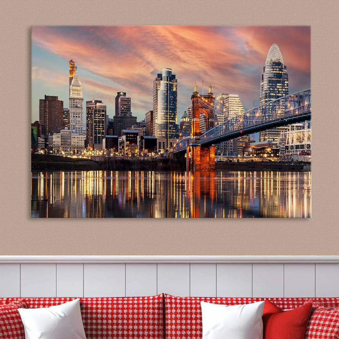 Experience the captivating Cincinnati City Lights Sunset Colorful Cloudy Skyline Cityscape View Wall Art Canvas Print. This gallery-wrapped, museum-quality canvas promises an elegant look and enduring beauty.