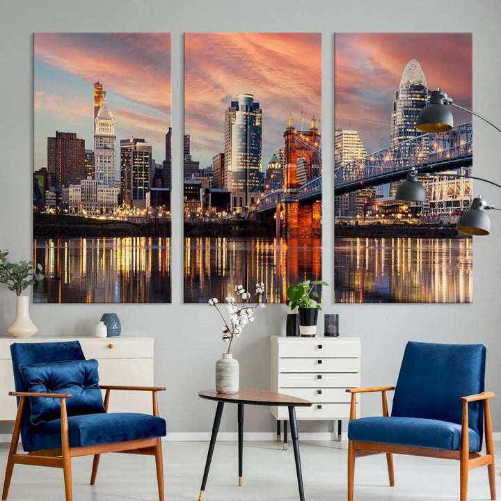 Experience the captivating Cincinnati City Lights Sunset Colorful Cloudy Skyline Cityscape View Wall Art Canvas Print. This gallery-wrapped, museum-quality canvas promises an elegant look and enduring beauty.