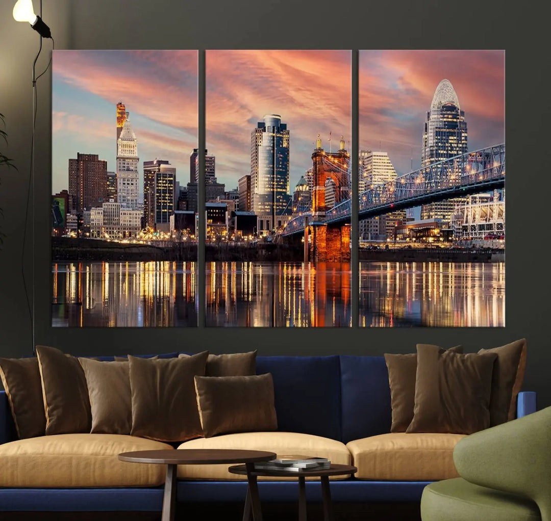 Experience the captivating Cincinnati City Lights Sunset Colorful Cloudy Skyline Cityscape View Wall Art Canvas Print. This gallery-wrapped, museum-quality canvas promises an elegant look and enduring beauty.