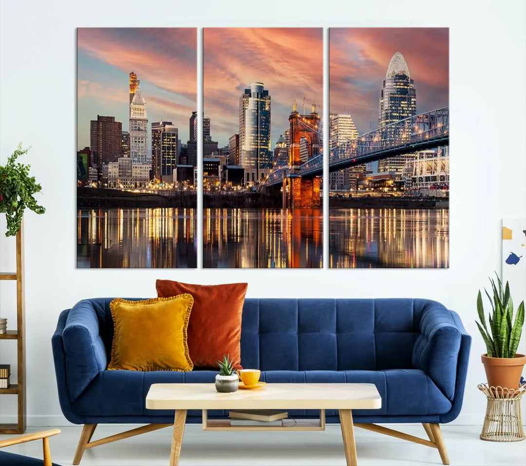 Experience the captivating Cincinnati City Lights Sunset Colorful Cloudy Skyline Cityscape View Wall Art Canvas Print. This gallery-wrapped, museum-quality canvas promises an elegant look and enduring beauty.