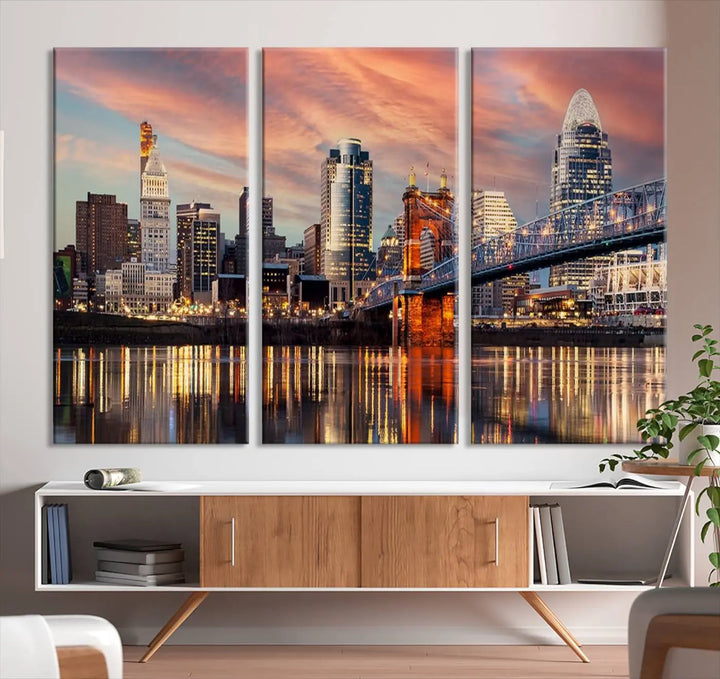 Experience the captivating Cincinnati City Lights Sunset Colorful Cloudy Skyline Cityscape View Wall Art Canvas Print. This gallery-wrapped, museum-quality canvas promises an elegant look and enduring beauty.