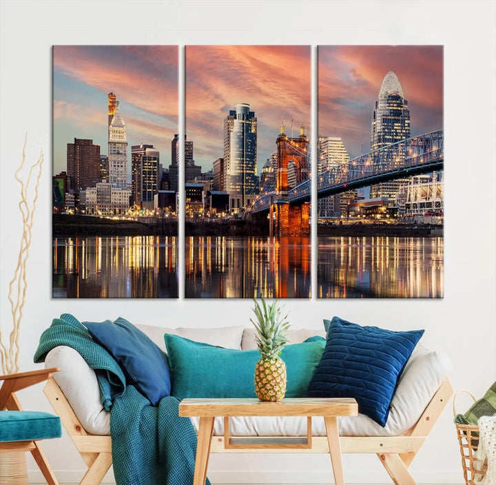 Experience the captivating Cincinnati City Lights Sunset Colorful Cloudy Skyline Cityscape View Wall Art Canvas Print. This gallery-wrapped, museum-quality canvas promises an elegant look and enduring beauty.