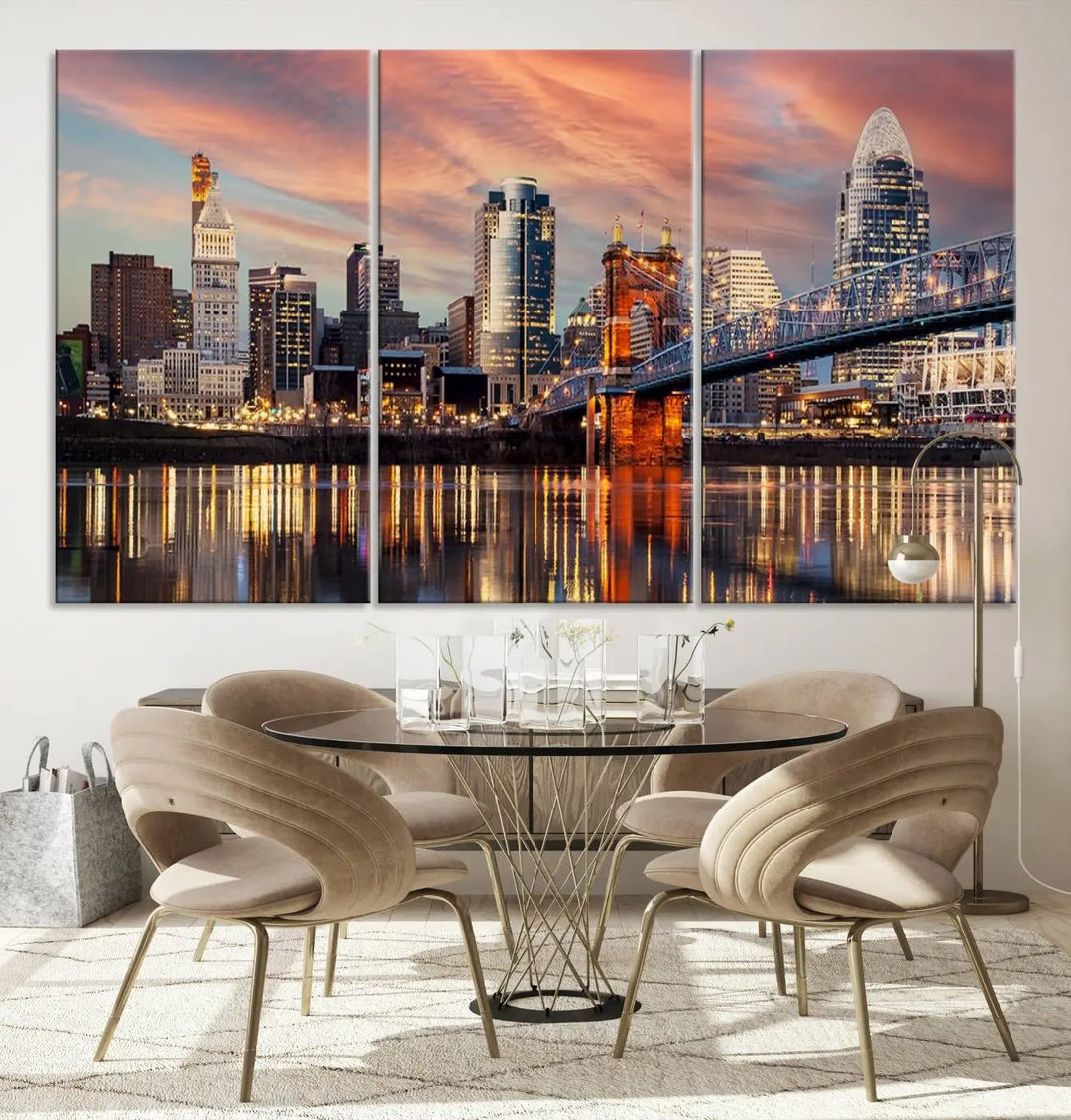 Experience the captivating Cincinnati City Lights Sunset Colorful Cloudy Skyline Cityscape View Wall Art Canvas Print. This gallery-wrapped, museum-quality canvas promises an elegant look and enduring beauty.