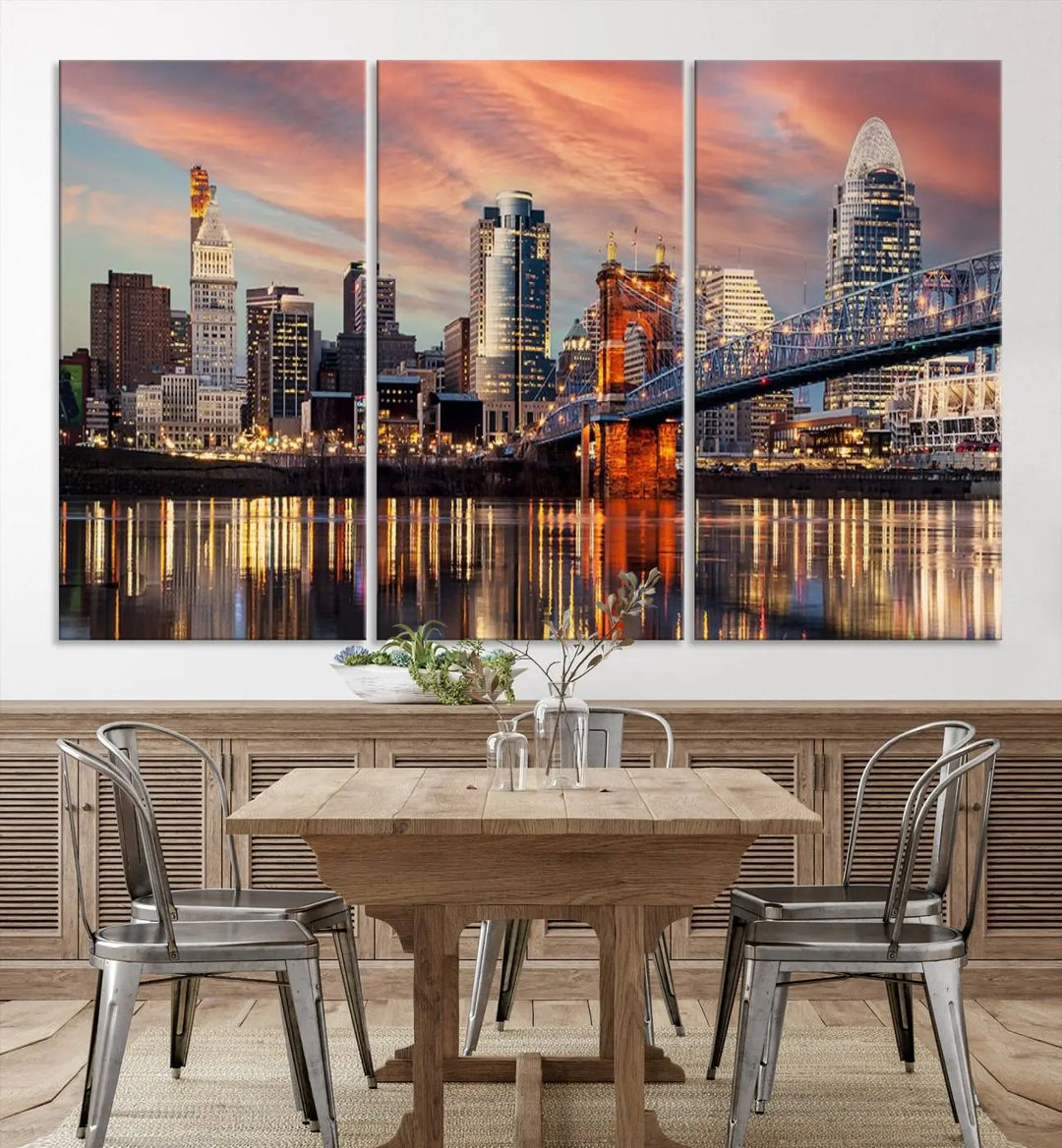 Experience the captivating Cincinnati City Lights Sunset Colorful Cloudy Skyline Cityscape View Wall Art Canvas Print. This gallery-wrapped, museum-quality canvas promises an elegant look and enduring beauty.