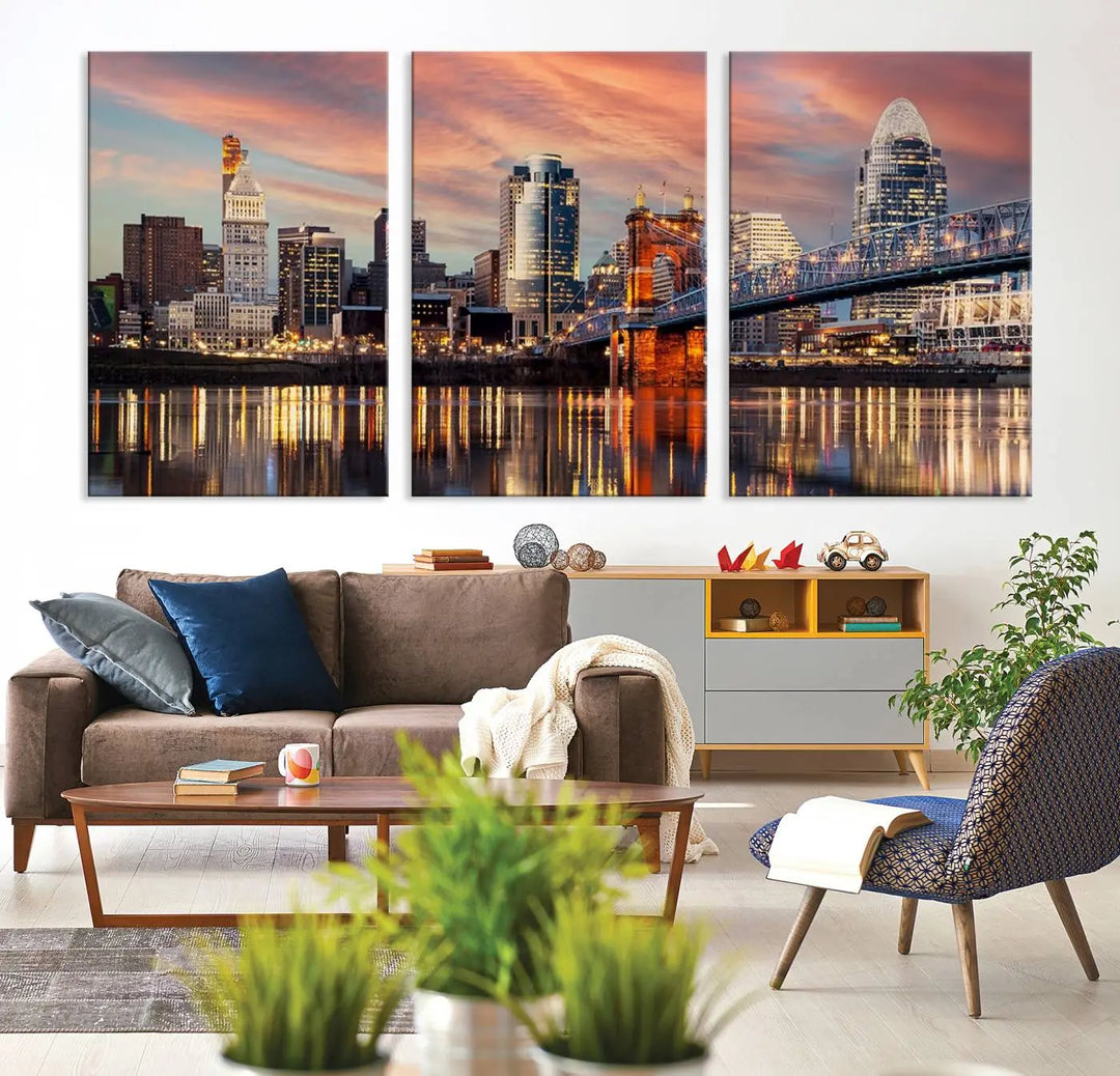 Experience the captivating Cincinnati City Lights Sunset Colorful Cloudy Skyline Cityscape View Wall Art Canvas Print. This gallery-wrapped, museum-quality canvas promises an elegant look and enduring beauty.