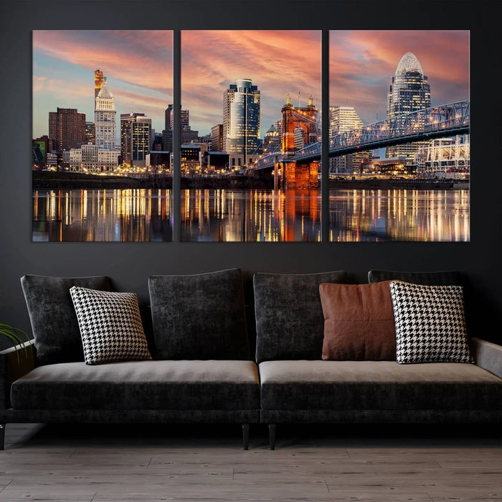 Experience the captivating Cincinnati City Lights Sunset Colorful Cloudy Skyline Cityscape View Wall Art Canvas Print. This gallery-wrapped, museum-quality canvas promises an elegant look and enduring beauty.