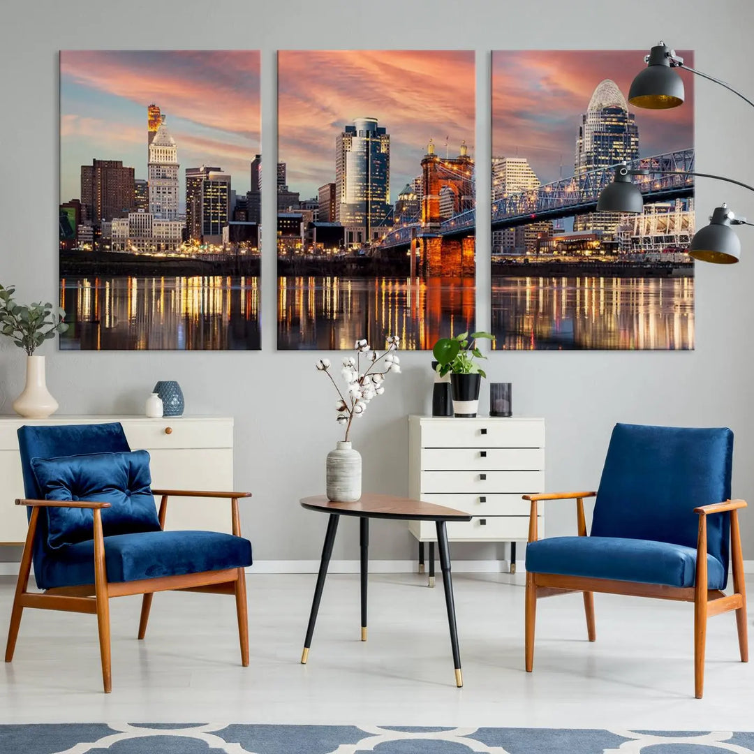 Experience the captivating Cincinnati City Lights Sunset Colorful Cloudy Skyline Cityscape View Wall Art Canvas Print. This gallery-wrapped, museum-quality canvas promises an elegant look and enduring beauty.