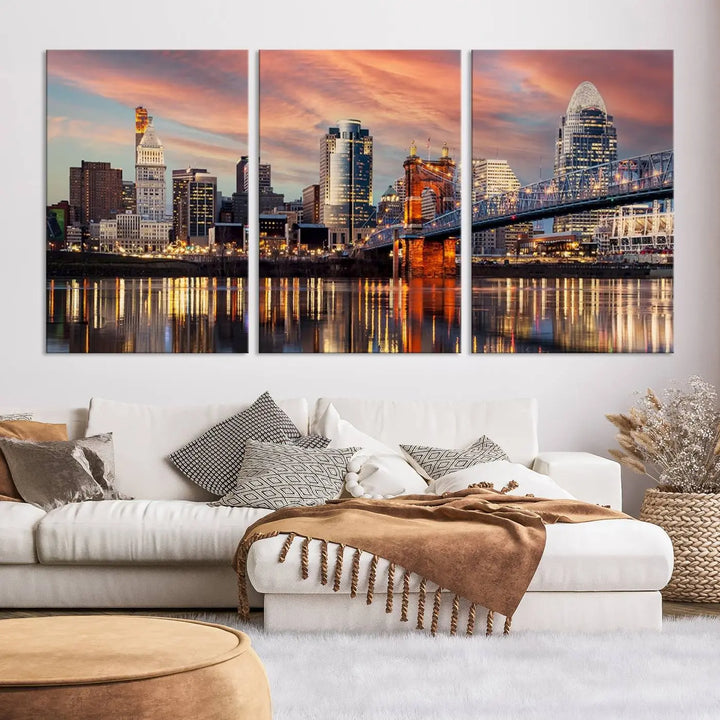 Experience the captivating Cincinnati City Lights Sunset Colorful Cloudy Skyline Cityscape View Wall Art Canvas Print. This gallery-wrapped, museum-quality canvas promises an elegant look and enduring beauty.