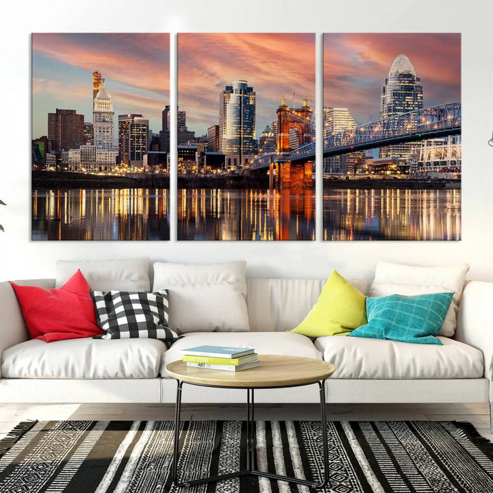 Experience the captivating Cincinnati City Lights Sunset Colorful Cloudy Skyline Cityscape View Wall Art Canvas Print. This gallery-wrapped, museum-quality canvas promises an elegant look and enduring beauty.