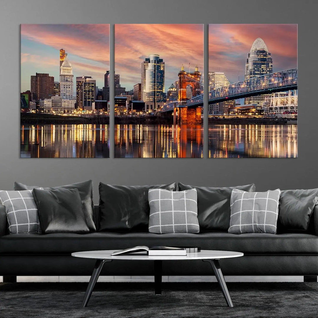 Experience the captivating Cincinnati City Lights Sunset Colorful Cloudy Skyline Cityscape View Wall Art Canvas Print. This gallery-wrapped, museum-quality canvas promises an elegant look and enduring beauty.