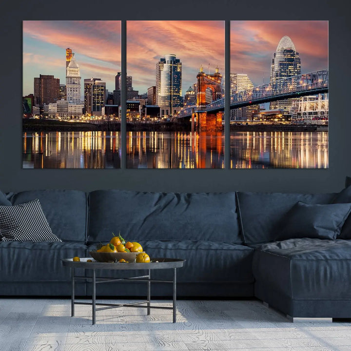 Experience the captivating Cincinnati City Lights Sunset Colorful Cloudy Skyline Cityscape View Wall Art Canvas Print. This gallery-wrapped, museum-quality canvas promises an elegant look and enduring beauty.