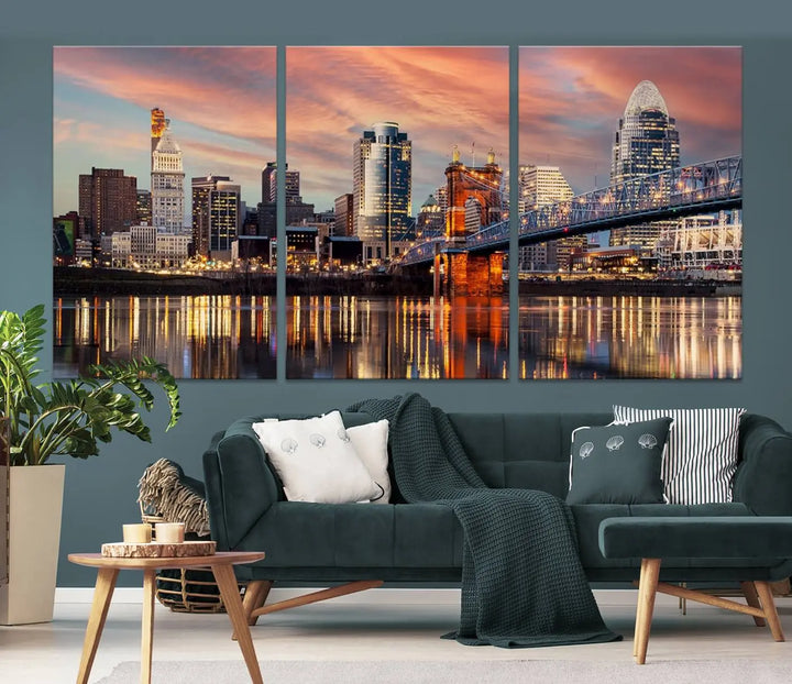 Experience the captivating Cincinnati City Lights Sunset Colorful Cloudy Skyline Cityscape View Wall Art Canvas Print. This gallery-wrapped, museum-quality canvas promises an elegant look and enduring beauty.