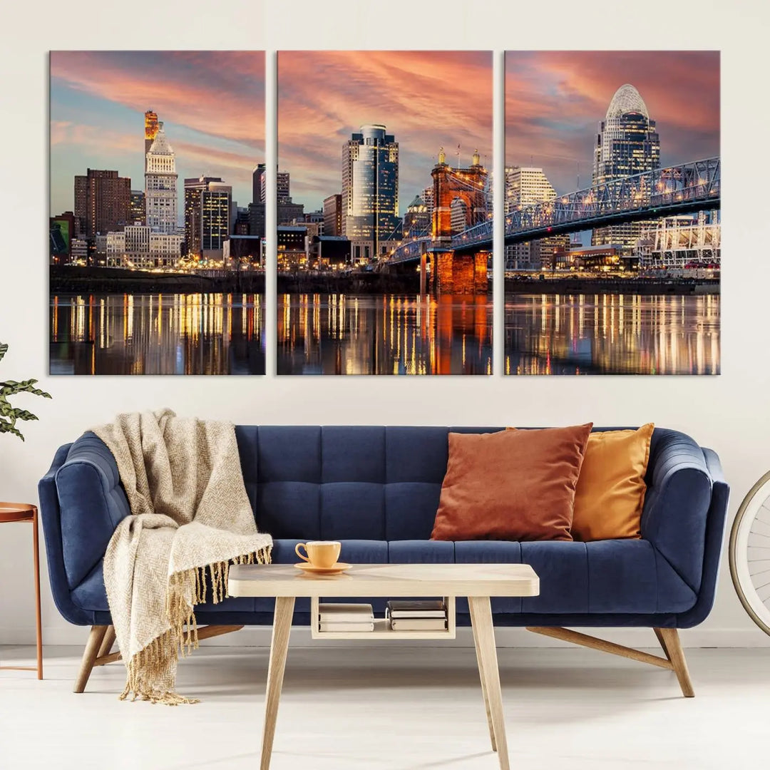 Experience the captivating Cincinnati City Lights Sunset Colorful Cloudy Skyline Cityscape View Wall Art Canvas Print. This gallery-wrapped, museum-quality canvas promises an elegant look and enduring beauty.