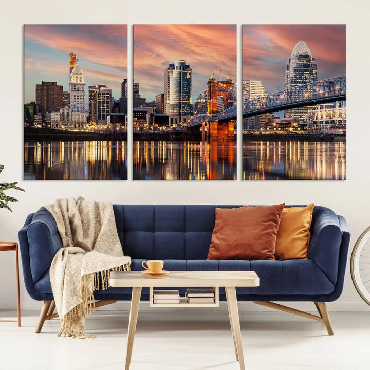 Experience the captivating Cincinnati City Lights Sunset Colorful Cloudy Skyline Cityscape View Wall Art Canvas Print. This gallery-wrapped, museum-quality canvas promises an elegant look and enduring beauty.