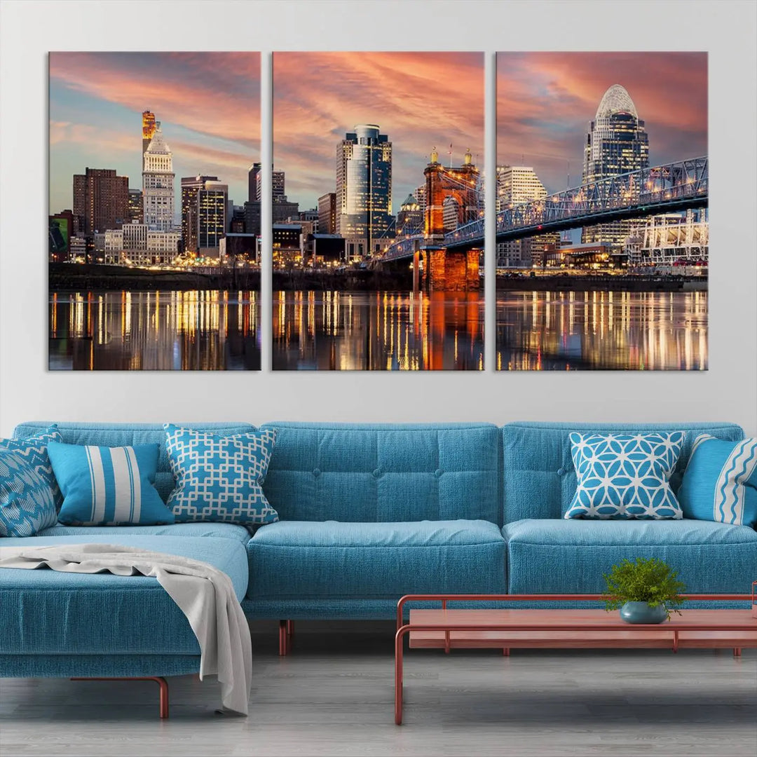 Experience the captivating Cincinnati City Lights Sunset Colorful Cloudy Skyline Cityscape View Wall Art Canvas Print. This gallery-wrapped, museum-quality canvas promises an elegant look and enduring beauty.