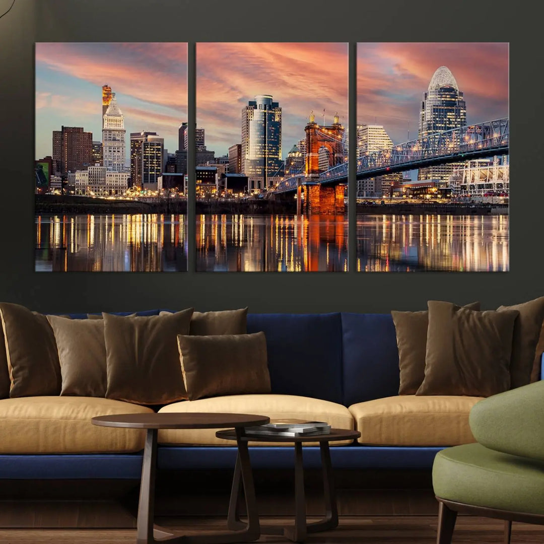 Experience the captivating Cincinnati City Lights Sunset Colorful Cloudy Skyline Cityscape View Wall Art Canvas Print. This gallery-wrapped, museum-quality canvas promises an elegant look and enduring beauty.