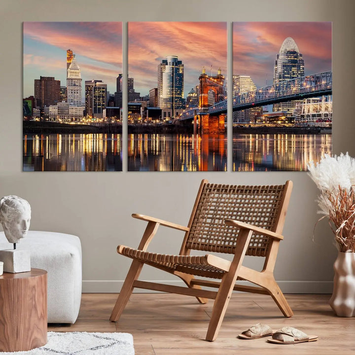 Experience the captivating Cincinnati City Lights Sunset Colorful Cloudy Skyline Cityscape View Wall Art Canvas Print. This gallery-wrapped, museum-quality canvas promises an elegant look and enduring beauty.