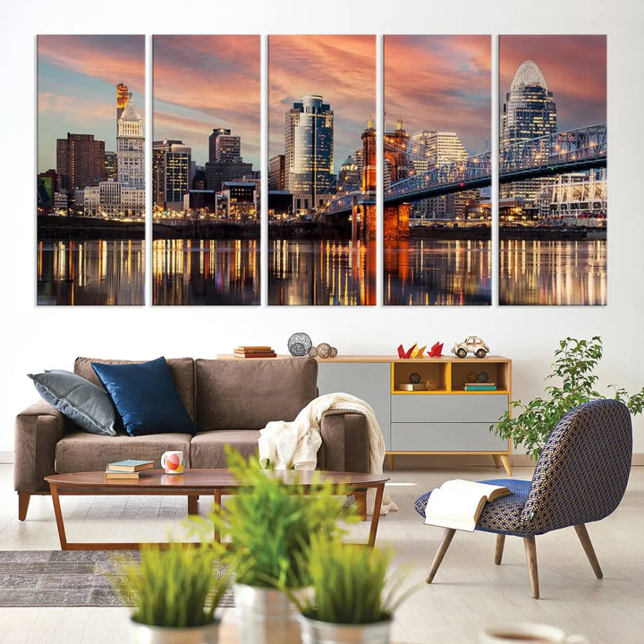 Experience the captivating Cincinnati City Lights Sunset Colorful Cloudy Skyline Cityscape View Wall Art Canvas Print. This gallery-wrapped, museum-quality canvas promises an elegant look and enduring beauty.