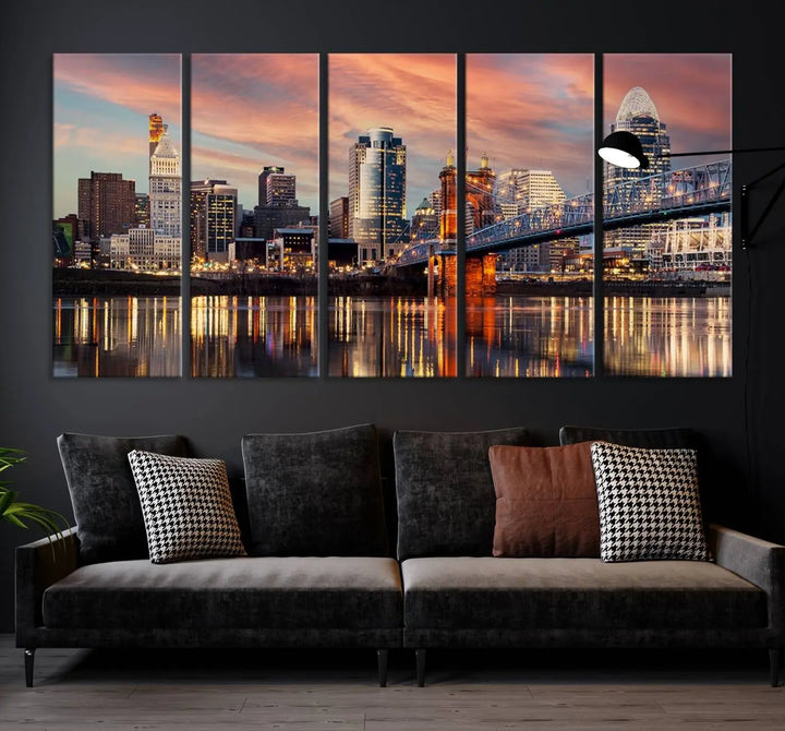 Experience the captivating Cincinnati City Lights Sunset Colorful Cloudy Skyline Cityscape View Wall Art Canvas Print. This gallery-wrapped, museum-quality canvas promises an elegant look and enduring beauty.