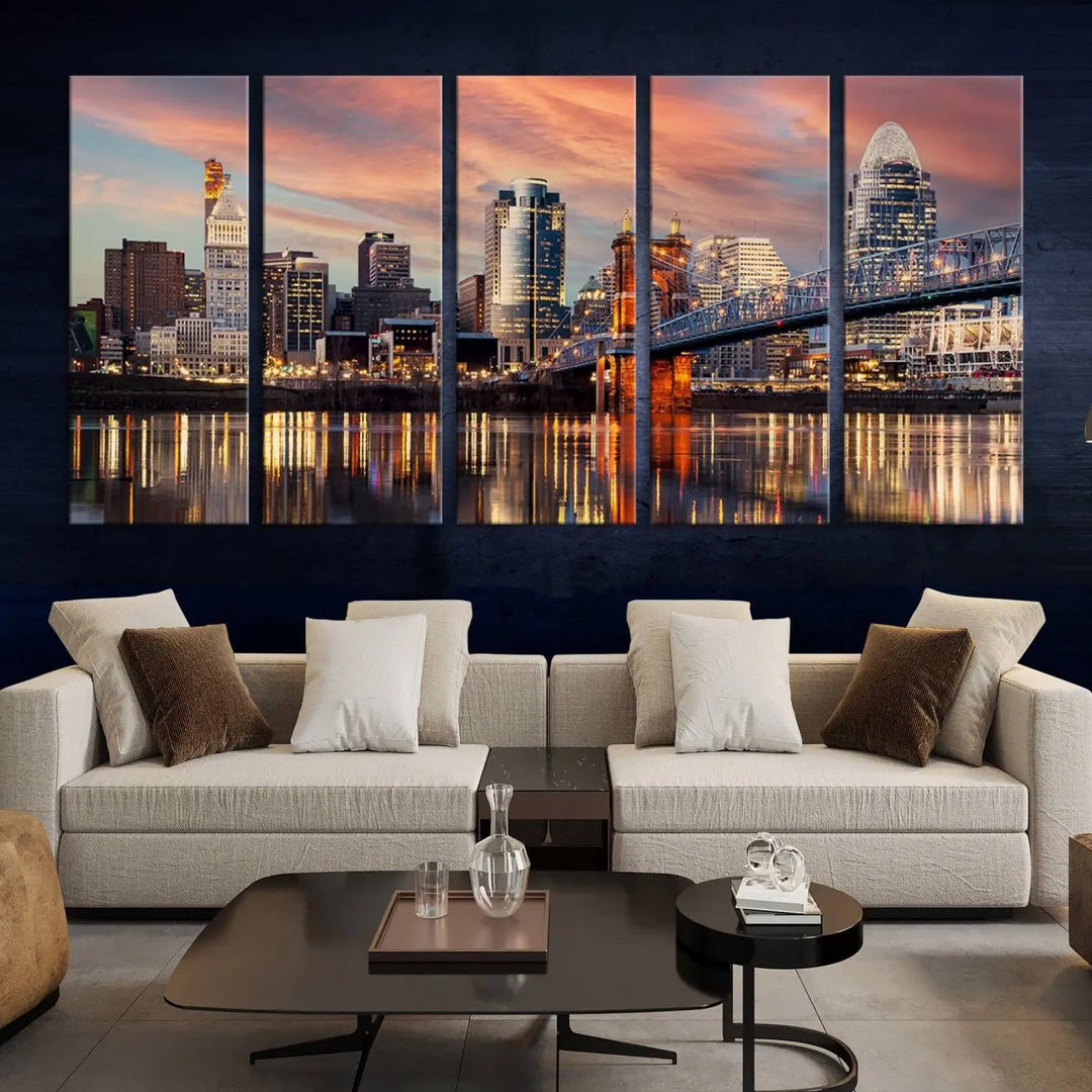 Experience the captivating Cincinnati City Lights Sunset Colorful Cloudy Skyline Cityscape View Wall Art Canvas Print. This gallery-wrapped, museum-quality canvas promises an elegant look and enduring beauty.