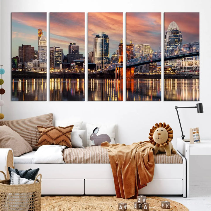 Experience the captivating Cincinnati City Lights Sunset Colorful Cloudy Skyline Cityscape View Wall Art Canvas Print. This gallery-wrapped, museum-quality canvas promises an elegant look and enduring beauty.