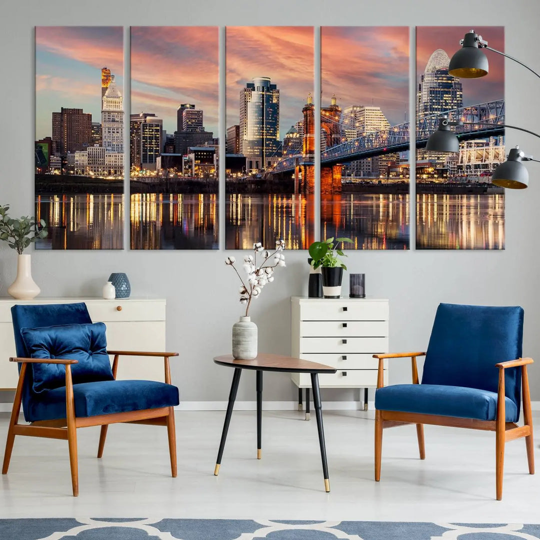 Experience the captivating Cincinnati City Lights Sunset Colorful Cloudy Skyline Cityscape View Wall Art Canvas Print. This gallery-wrapped, museum-quality canvas promises an elegant look and enduring beauty.