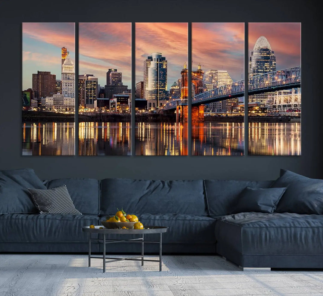 Experience the captivating Cincinnati City Lights Sunset Colorful Cloudy Skyline Cityscape View Wall Art Canvas Print. This gallery-wrapped, museum-quality canvas promises an elegant look and enduring beauty.