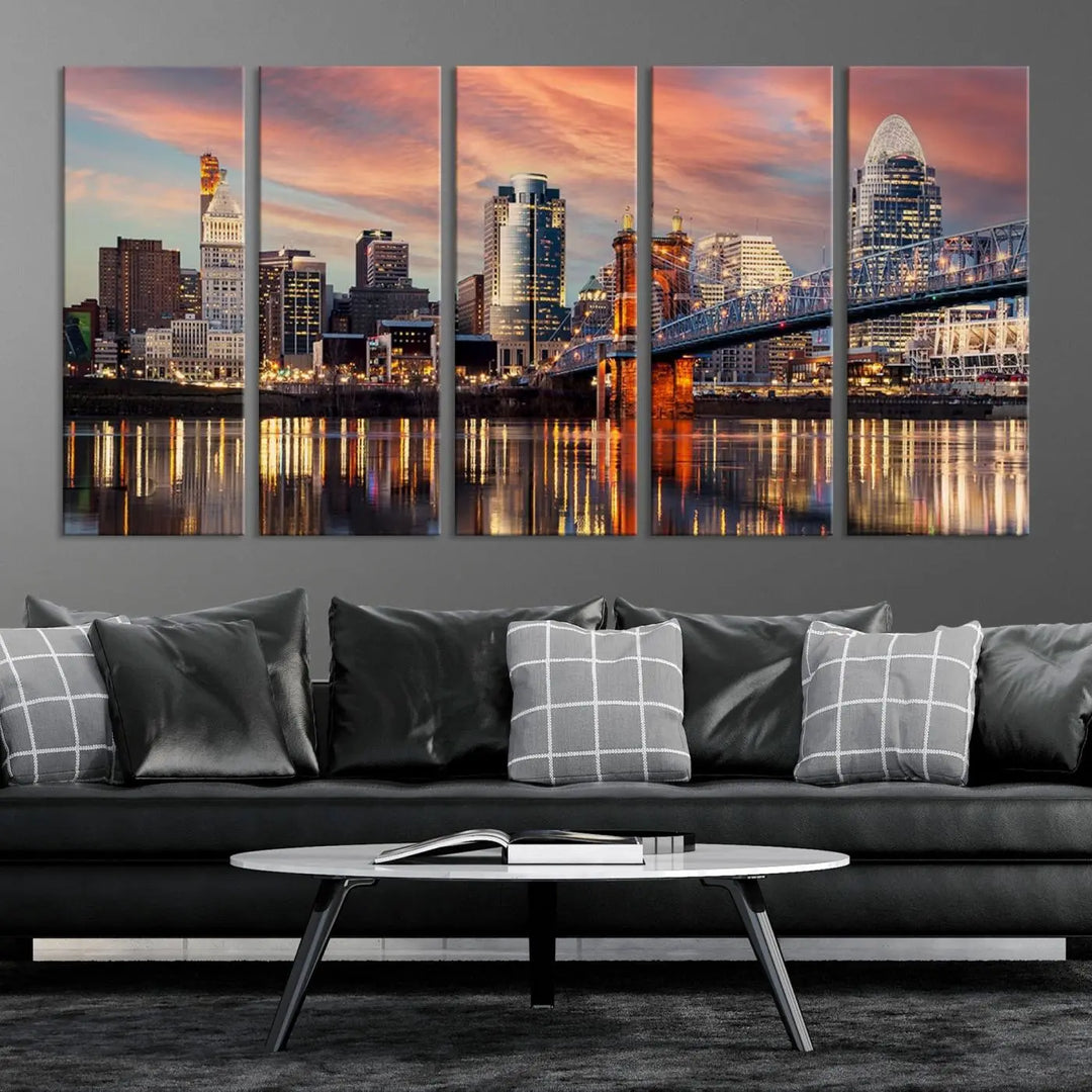 Experience the captivating Cincinnati City Lights Sunset Colorful Cloudy Skyline Cityscape View Wall Art Canvas Print. This gallery-wrapped, museum-quality canvas promises an elegant look and enduring beauty.