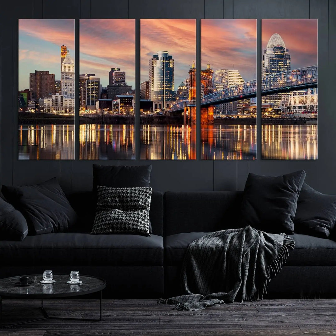 Experience the captivating Cincinnati City Lights Sunset Colorful Cloudy Skyline Cityscape View Wall Art Canvas Print. This gallery-wrapped, museum-quality canvas promises an elegant look and enduring beauty.