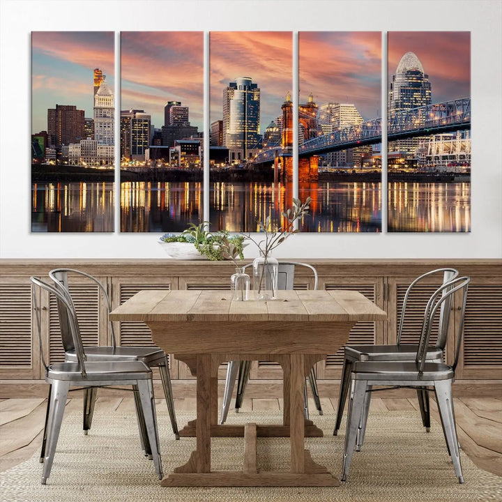 Experience the captivating Cincinnati City Lights Sunset Colorful Cloudy Skyline Cityscape View Wall Art Canvas Print. This gallery-wrapped, museum-quality canvas promises an elegant look and enduring beauty.