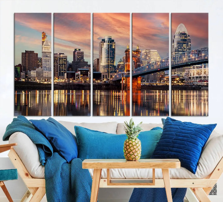 Experience the captivating Cincinnati City Lights Sunset Colorful Cloudy Skyline Cityscape View Wall Art Canvas Print. This gallery-wrapped, museum-quality canvas promises an elegant look and enduring beauty.